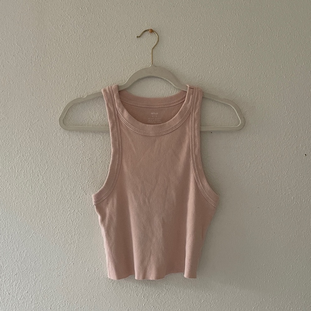 aerie Ribbed Tank Top Scoop Crop Washed Look Raw Hems Beach Coast Sleeveless